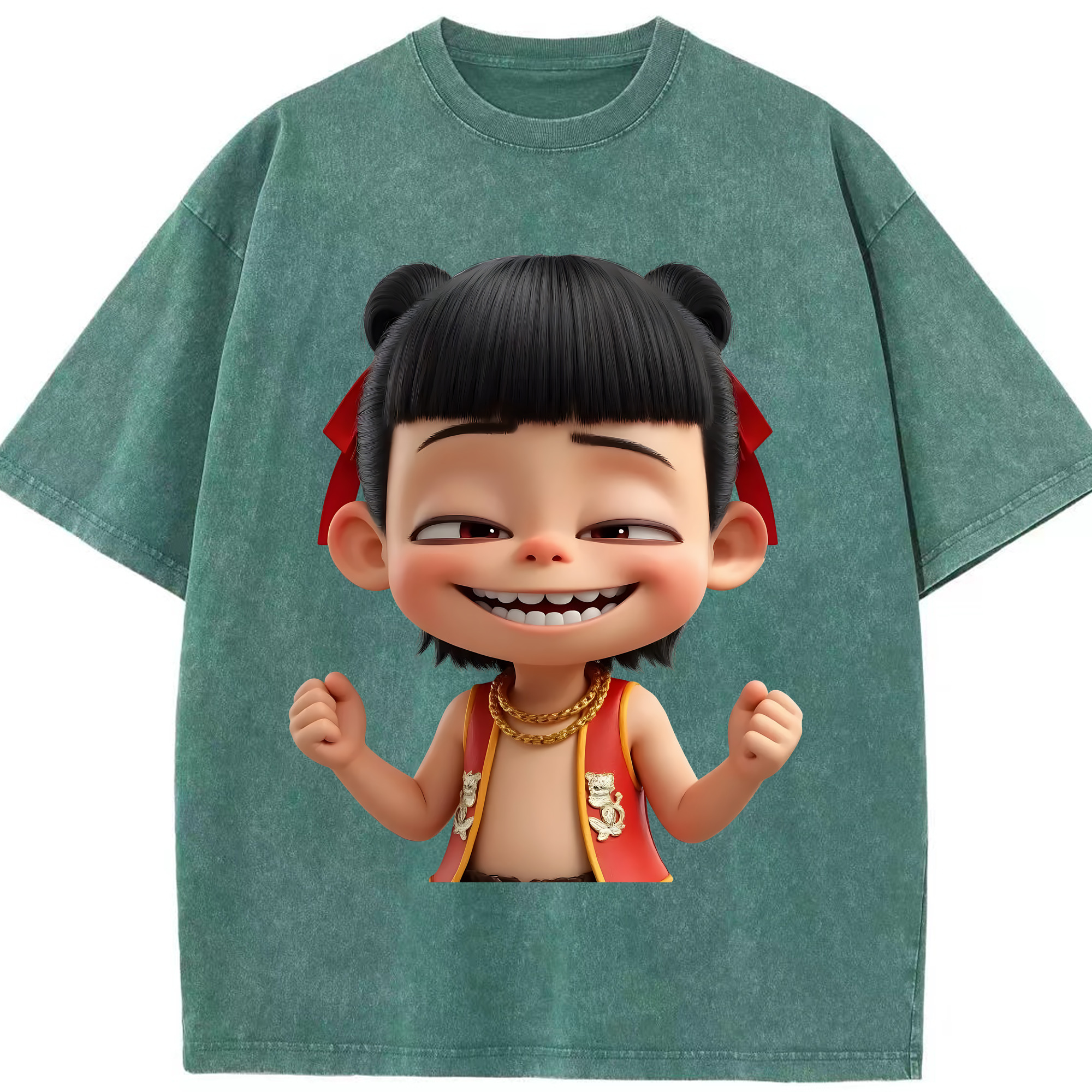 （画像用） Ne Zha 2 ナタ 魔童の大暴れ 綿100% ヴィンテージ風 半袖Tシャツ（フロントプリント）
